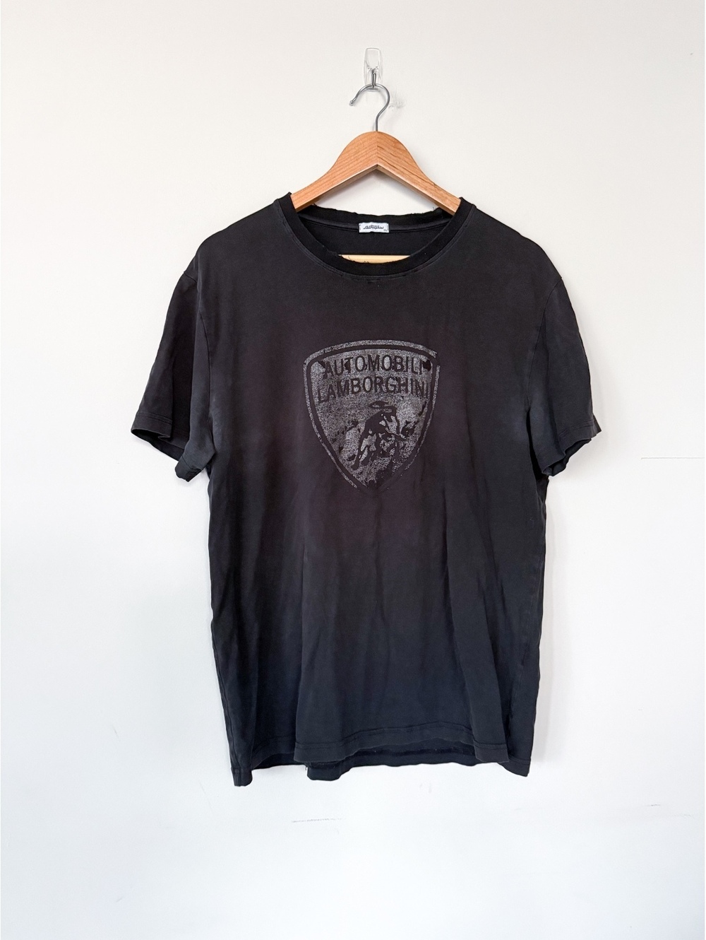 Lamborghini Short Sleeve Black Crewneck T-Shirt Distressed Casual Shield Logo